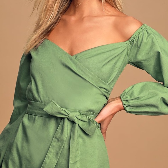 Green Off-the-Shoulder Puff Sleeve Mini Dress XS - Picture 2 of 5